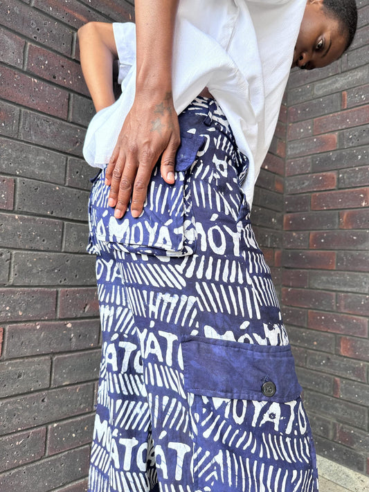 blue and white indigo cargo pants trousers